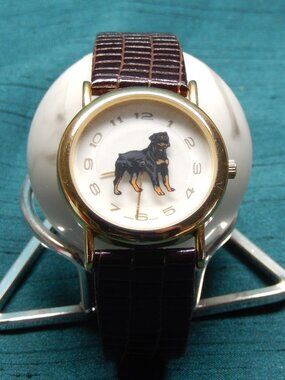 Vintage Rotating Rottweiler Dog Watch with Genuine Bulova Brown Leather Strap